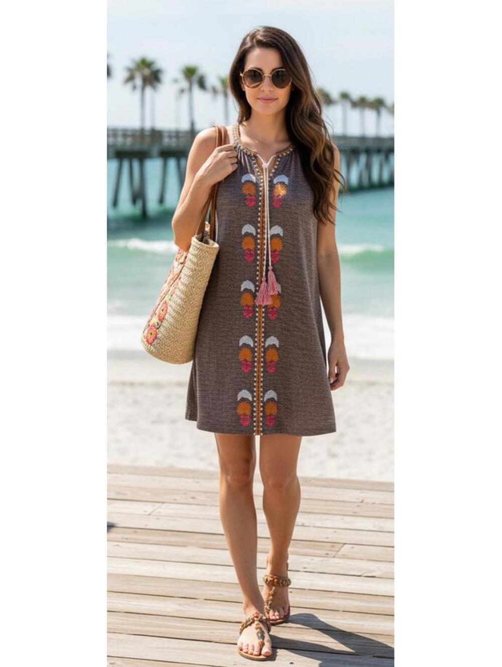 THML Marled Brown Embroidered Mini Dress M Pink Orange Boho Tassel